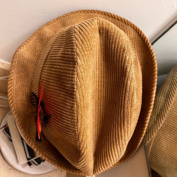 1960’s Golden Brown Corduroy Fedora with Feathers &. Embellished Glass Button - Picture 8 of 9